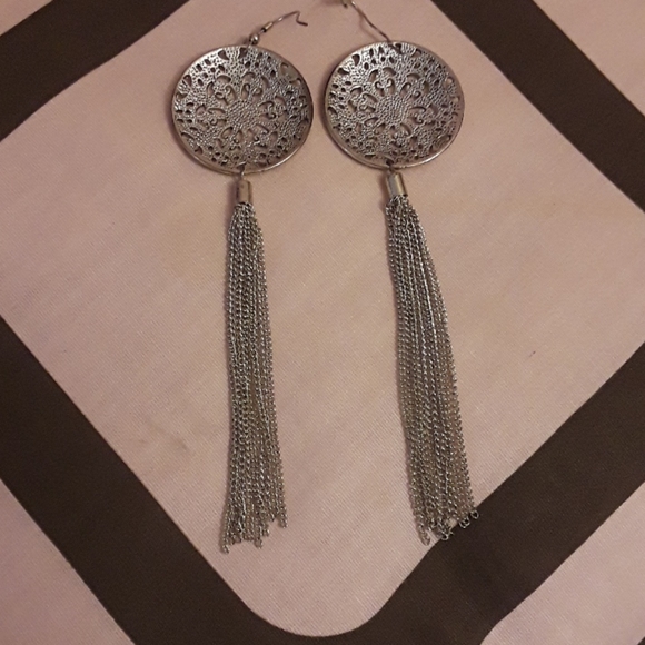 Earrings- Long Silver Tassel - Picture 3 of 4